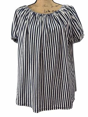 Mark D Sikes. Navy & White Striped Peasant Neckline Top.  EC. Size X-Large